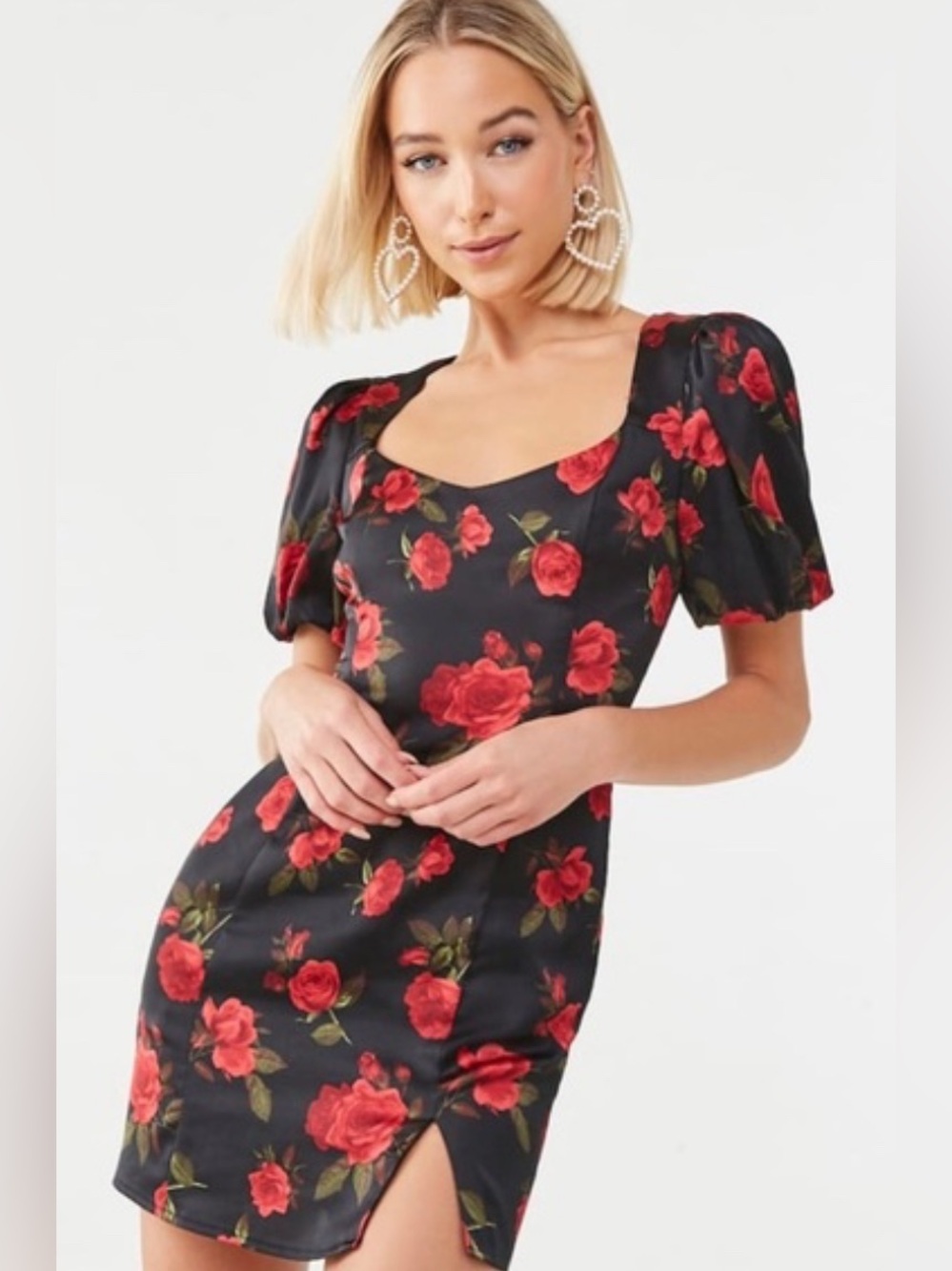 Forever 21 Black Mini Dress with Red Rose Print